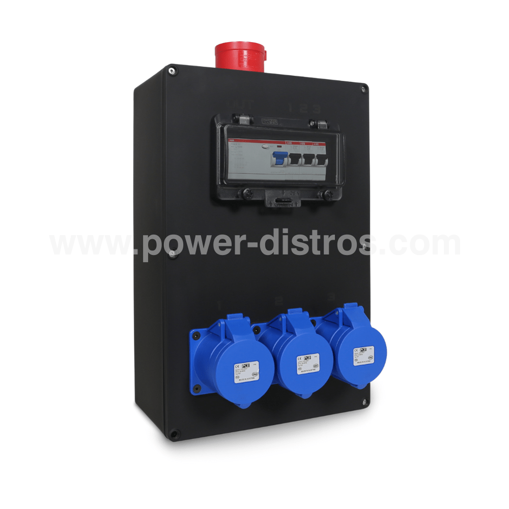 32A CEE 400V 5P In, 32A CEE 240V 3P Out, RCD, Distribution Box