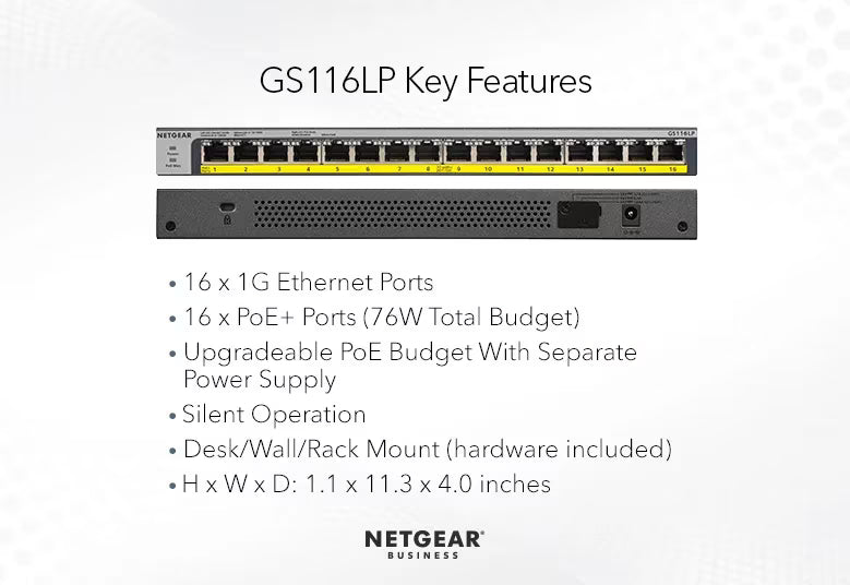 GS116LP 16-Port Gigabit Ethernet Unmanaged PoE+ Switch with FlexPoE (76W)