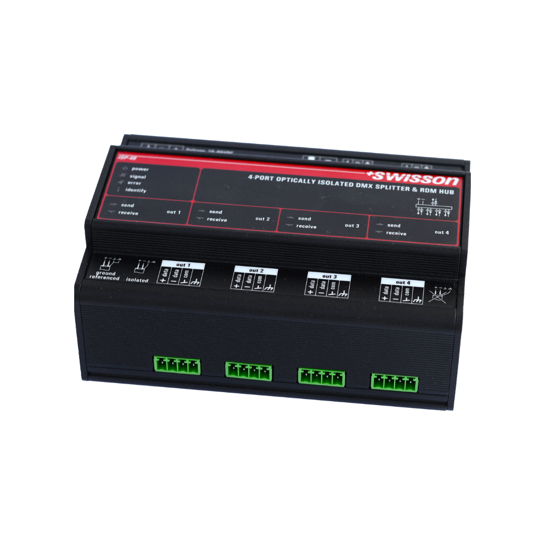 Swisson - ISP-4R-TERM- DIN Rail DMX & RDM Splitter- 4 outputs Terminal