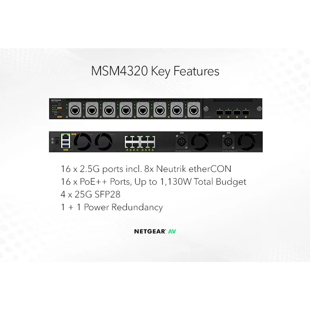 MSM4320 16x 2.5G PoE++ (530W base, up to 1,130W) incl. 8x Neutrik etherCON and 4xSFP28 25G Managed Switch