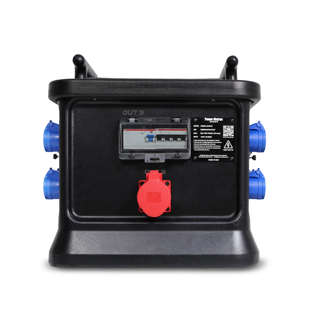 63A CEE 400V 5P In, 16A CEE 240V 3P/ 32A CEE 400V 5P Out, RCD, Distribution Box Main Protection