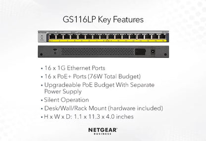 GS116LP 16-Port Gigabit Ethernet Unmanaged PoE+ Switch with FlexPoE (76W)