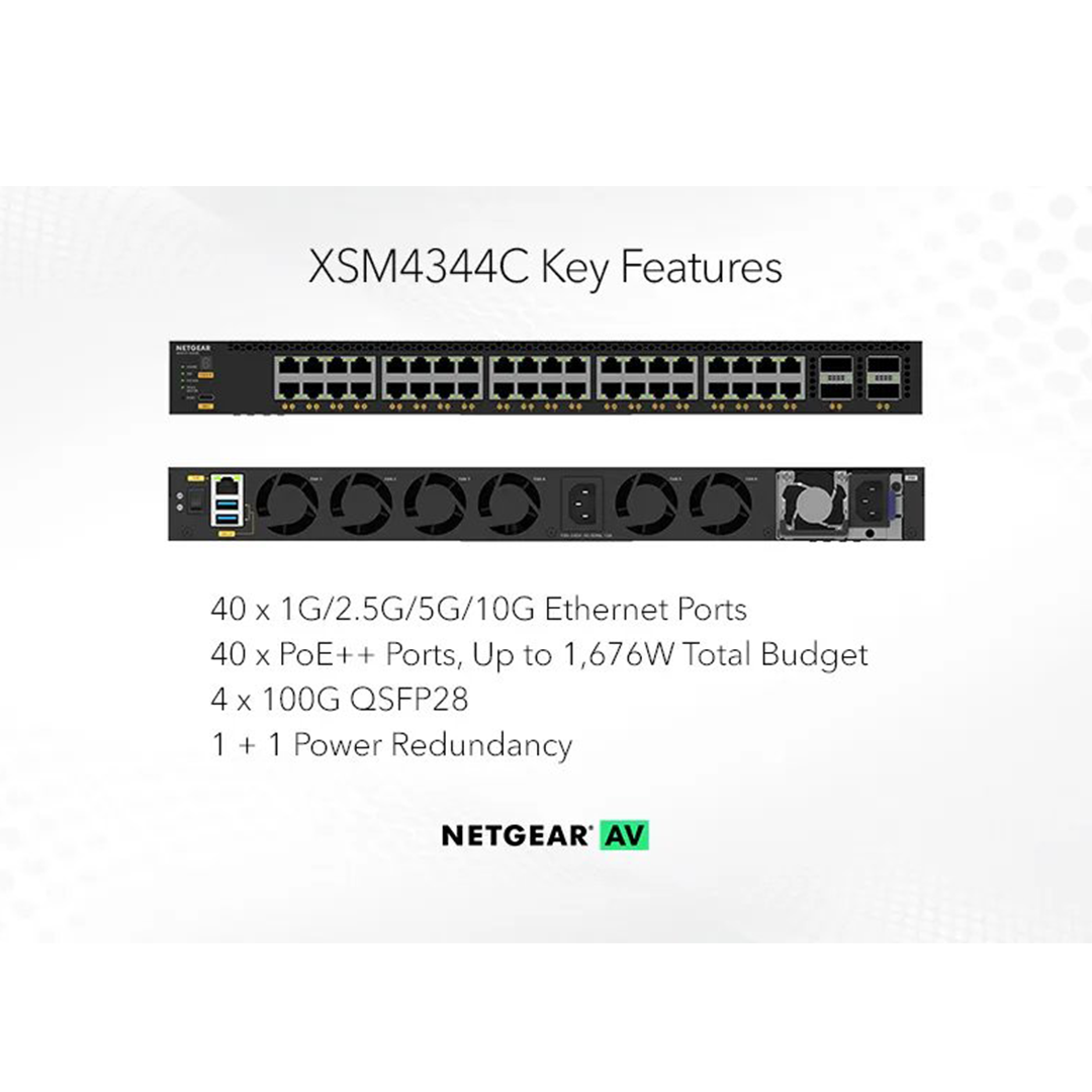 XSM4344C 40x10G/Multi-Gig PoE++ (196W base, up to 1,676W) and 4xQSFP28 100G Managed Switch
